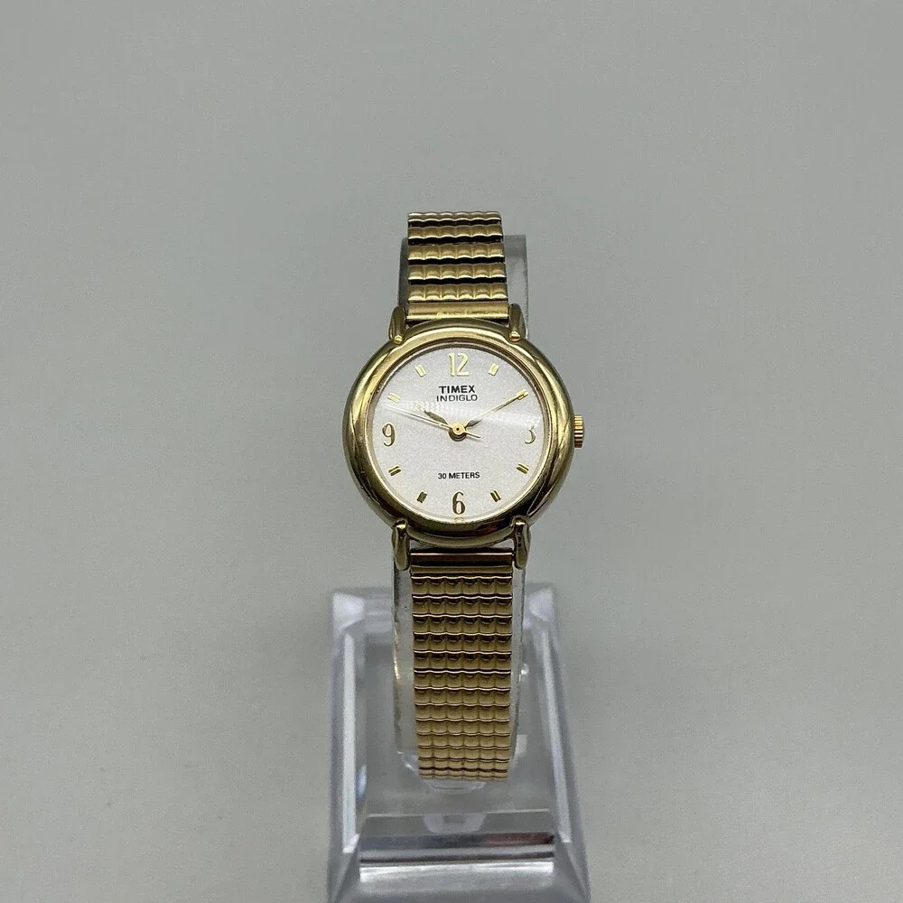 Vintage Timex Indiglo Womens Watch 25mm White Dial Gold Tone Stretch Band